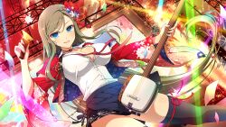 Rule 34 | 1girl, bachi, bell, black thighhighs, blue eyes, blush, breasts, choker, cleavage, eighth note, flower, fortissimo, fuga (senran kagura), green hair, hair flower, hair ornament, highres, holding, holding instrument, holding plectrum, instrument, japanese clothes, jingle bell, large breasts, long hair, looking at viewer, loose necktie, mole, mole under eye, musical note, musical note hair ornament, necktie, official alternate costume, official art, open clothes, open mouth, open shirt, plectrum, red flower, red sky, senran kagura, senran kagura new link, senran kagura new wave, shamisen, skirt, sky, smile, solo, stage, stage lights, thighhighs, very long hair, yaegashi nan