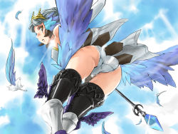 Rule 34 | 1girl, armor, armored dress, ass, bent over, blue background, boots, crown, dress, elbow gloves, from below, gloves, gwendolyn (odin sphere), hat, hekeniko, odin sphere, panties, polearm, pteruges, solo, spear, thigh boots, thighhighs, underwear, weapon, white hair, white panties, wings