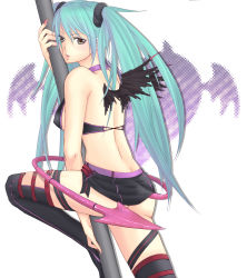 Rule 34 | 1girl, aqua hair, bad id, bad pixiv id, breasts, demon tail, female focus, green eyes, hatsune miku, highres, miniskirt, pole, simple background, skirt, solo, sweet devil (vocaloid), tail, thighhighs, twintails, vocaloid, white background, wings