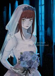 Rule 34 | 1girl, alternate costume, bouquet, braid, braided ponytail, bridal veil, chainsaw man, dress, flower, highres, holding, holding bouquet, kamo (kamonegioisi), looking at viewer, makima (chainsaw man), medium hair, pale skin, red hair, ringed eyes, sidelocks, skeletal hand, solo, stitched arm, stitched face, stitches, twitter username, veil, wedding dress, white dress, yellow eyes
