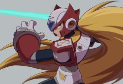 Rule 34 | 1boy, android, armor, blonde hair, blue eyes, closed mouth, commentary, energy sword, english commentary, gloves, grey background, hand up, helmet, highres, holding, holding sword, holding weapon, hoshi mikan, long hair, looking at viewer, male focus, mega man (series), mega man x (series), ponytail, red headwear, robot ears, serious, shoulder armor, simple background, solo, sword, very long hair, weapon, white gloves, zero (mega man)