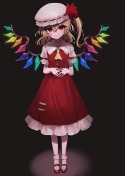 Rule 34 | 1girl, ascot, black background, blonde hair, buttons, closed mouth, collared shirt, commentary request, crystal, dress, flandre scarlet, frills, full body, hair between eyes, hands up, hat, hat ribbon, highres, ichigo mogu 15, looking at viewer, mob cap, multicolored wings, one side up, pinafore dress, puffy short sleeves, puffy sleeves, red dress, red eyes, red footwear, red ribbon, ribbon, shirt, shoes, short hair, short sleeves, simple background, sleeveless, sleeveless dress, smile, socks, solo, standing, touhou, white hat, white shirt, white socks, wings, yellow ascot