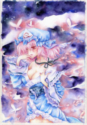 Rule 34 | 1girl, aoi yuuka (ao no kokoro), bare shoulders, breasts, bug, butterfly, cleavage, frills, hand on own face, hand on own shoulder, hat, bug, japanese clothes, kimono, long sleeves, making-of available, off shoulder, painting (medium), pink eyes, pink hair, saigyouji yuyuko, short hair, solo, touhou, traditional media, triangular headpiece, watercolor (medium), wide sleeves