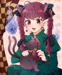 Rule 34 | 1girl, :3, ahoge, animal, animal ears, animal on lap, arms up, braid, cameo, cat earrings, cat ears, commentary, curtains, dress, drop earrings, dual persona, earrings, extra ears, fang, fingernails, flaming skull, green dress, hair ribbon, jewelry, juliet sleeves, kaenbyou rin, kaenbyou rin (cat), long hair, long sleeves, looking down, maruta (shummylass), nail polish, neck ribbon, on lap, open mouth, petting, pointy ears, puffy sleeves, red eyes, red hair, red nails, ribbon, sharp fingernails, sitting, thick eyebrows, touhou, tress ribbon, twin braids, wallpaper (object)