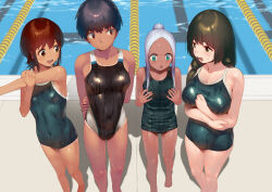 Rule 34 | 4girls, barefoot, black eyes, black hair, blue one-piece swimsuit, breasts, brown eyes, brown hair, commentary request, competition swimsuit, dark-skinned female, dark skin, feet out of frame, green eyes, hair over shoulder, long hair, medium breasts, multiple girls, old school swimsuit, one-piece swimsuit, original, pool, poolside, red eyes, school swimsuit, shiden (sashimi no wife), short hair, small breasts, stretching, swimsuit, tan, tanline, water, wet, wet clothes, wet swimsuit, white hair