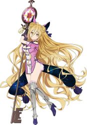 Rule 34 | 1girl, :o, blonde hair, boots, breasts, constellation, date a live, double bun, dress, full body, hair between eyes, hair bun, high heel boots, high heels, holding, holding staff, hoshimiya mukuro, key, large breasts, long hair, looking at viewer, official art, purple dress, solo, staff, tachi-e, transparent background, yellow eyes
