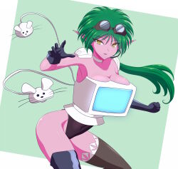 Rule 34 | 1girl, absurdres, asaricurry, bishoujo senshi sailor moon, black gloves, black leotard, boots, breasts, colored skin, computer, covered navel, demon girl, gloves, goggles, goggles on head, green hair, highleg, highleg leotard, highres, impossible clothes, large breasts, leotard, long hair, looking at viewer, low ponytail, mouse (computer), pink skin, pointy ears, revealing clothes, shiny skin, simple background, thigh boots, u-pasokon, wide hips, yellow eyes