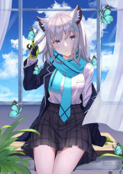 Rule 34 | 1girl, absurdres, animal ear fluff, animal ears, aqua butterfly, aqua eyes, arm at side, arm support, black jacket, blue archive, blue butterfly, blue eyes, blue scarf, breast pocket, breasts, bug, butterfly, butterfly on hand, calder (pixiv3698273), cat ears, cloud, cowboy shot, cross, cross hair ornament, curtains, day, desk, frown, gloves, green gloves, grey hair, hair ornament, hand up, head tilt, highres, indoors, insect, inverted cross, jacket, leaf, long sleeves, looking at viewer, medium hair, mismatched pupils, necktie, off shoulder, on desk, open clothes, open jacket, plaid, plaid skirt, plant, pleated skirt, pocket, scarf, school desk, school uniform, shiroko (blue archive), shirt, shirt tucked in, sitting, skirt, sleeves past wrists, solo, white shirt, wind, window