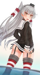 Rule 34 | &gt;:o, 10s, 1girl, :o, amatsukaze (kancolle), ass, black hairband, black hat, black panties, black ribbon, blunt bangs, blush, brown eyes, cowboy shot, from behind, garter straps, hair tubes, hairband, hat, highres, kaleid, kantai collection, legs apart, long hair, long sleeves, looking back, mini hat, no pants, open mouth, panties, red thighhighs, ribbon, school uniform, see-through, serafuku, side-tie panties, silver hair, simple background, sleeves past wrists, solo, standing, striped clothes, striped thighhighs, thighhighs, tsurime, underwear, v-shaped eyebrows, very long hair, wading, water, white background