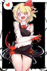 Rule 34 | 1girl, absurdres, ambiguous red liquid, black background, black dress, blonde hair, blood, blood on face, blood on hands, border, bow, bowtie, breasts, collared shirt, commentary request, cowboy shot, dress, eyes visible through hair, gluteal fold, guming diban, hair ribbon, head tilt, heart, heart-shaped pupils, highres, long sleeves, open mouth, pinafore dress, red bow, red bowtie, red eyes, red ribbon, ribbon, rumia, shirt, short dress, short hair, sleeveless dress, small breasts, solo, spoken heart, symbol-shaped pupils, teeth, thick eyebrows, torn clothes, touhou, upper teeth only, white border, white shirt