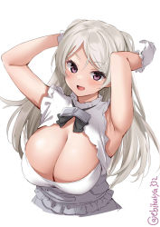 Rule 34 | 1girl, arms behind head, blonde hair, blush, breasts, cleavage, conte di cavour (kancolle), conte di cavour nuovo (kancolle), dress, ebifurya, gloves, highres, kantai collection, large breasts, long hair, looking at viewer, open mouth, purple eyes, simple background, sleeveless, sleeveless dress, solo, twitter username, upper body, white background, white dress, white gloves