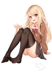 Rule 34 | 1girl, :d, ass, black skirt, blonde hair, blush, bow, brown shirt, brown thighhighs, collared shirt, fate/kaleid liner prisma illya, fate (series), feet, fingernails, full body, hair between eyes, hand up, head tilt, highres, holding, holding own hair, homurahara academy school uniform, illyasviel von einzbern, legs, long hair, looking at viewer, nahaki, no shoes, open mouth, panties, red bow, red eyes, school uniform, shirt, signature, simple background, sitting, skirt, smile, solo, striped, striped bow, thighhighs, toes, underwear, very long hair, white background, white panties