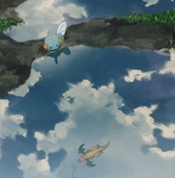 Rule 34 | 00s, after rain, blue sky, cloud, creatures (company), day, dragon, dragonite, from above, game freak, gen 1 pokemon, gen 3 pokemon, linaria (ookinahitomi), mudkip, nintendo, no humans, outdoors, pokemon, pokemon (creature), pokemon rse, puddle, reflection, sky, water