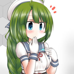 Rule 34 | 1girl, ahoge, alternate costume, blue eyes, blue sailor collar, braid, commentary request, cosplay, covering own mouth, gloves, green hair, hat, honeycomb (pattern), honeycomb background, kantai collection, long hair, mikura (kancolle), mikura (kancolle) (cosplay), mole, mole under mouth, ouno (nounai disintegration), puffy short sleeves, puffy sleeves, sailor collar, sailor hat, sailor shirt, shirt, short sleeves, single braid, solo, upper body, white background, white gloves, white hat, white shirt, yuugumo (kancolle)