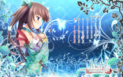Rule 34 | 1girl, bare shoulders, blunt bangs, blush, breasts, brown hair, bug, butterfly, calendar, checkered background, copyright name, detached collar, detached sleeves, feathers, flower, from side, glowing butterfly, hands on own chest, hapymaher, highres, hirasaka keiko, insect, leaf, long hair, long sleeves, medium breasts, parted lips, profile, solo, tsukimori hiro, twintails, upper body