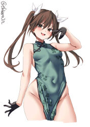 Rule 34 | 1girl, bare shoulders, black gloves, blush, breasts, brown eyes, brown hair, china dress, chinese clothes, commentary request, cropped legs, dress, ebifurya, floral print, gloves, hair between eyes, hair ribbon, hand up, highres, kantai collection, long hair, looking at viewer, no panties, one-hour drawing challenge, open mouth, pelvic curtain, ribbon, simple background, sleeveless, sleeveless dress, small breasts, smile, smug, solo, thighs, tone (kancolle), twintails, twitter username, v-shaped eyebrows, white background, white ribbon
