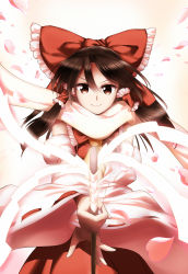 Rule 34 | 1girl, ascot, bow, brown eyes, brown hair, cherry blossoms, detached sleeves, energy, forbidden scrollery, foreshortening, frilled bow, frilled shirt, frills, glowing, gohei, hair bow, hair tubes, hakurei reimu, highres, htangt, looking at viewer, petals, red eyes, red shirt, red skirt, scarf, shirt, skirt, sleeveless, sleeveless shirt, smile, solo, touhou, white scarf, wide sleeves