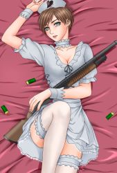 Rule 34 | 1girl, alternate costume, ammunition, bed, blue eyes, bow, breasts, brown hair, capcom, cleavage, cuffs, earrings, female focus, gothic lolita, gun, hat, highres, jewelry, lolita fashion, looking at viewer, lying, maitake, medium breasts, nurse, nurse cap, on back, parted lips, petticoat, rebecca chambers, resident evil, resident evil 0, short hair, shotgun, single earring, solo, thighhighs, weapon