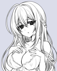 Rule 34 | 1girl, ahoge, bare shoulders, black eyes, bra, braid, breasts, cleavage, collarbone, commentary request, french braid, grey background, hair between eyes, hand on own chest, highres, jitome, large breasts, long hair, looking at viewer, mole, mole under eye, monochrome, original, parted lips, sakuradukihina, sidelocks, simple background, sketch, solo, strap slip, tsurime, underwear, upper body