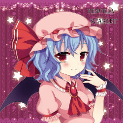 Rule 34 | 1girl, bat wings, blouse, blush, brooch, character name, english text, hat, jewelry, looking at viewer, mob cap, red eyes, remilia scarlet, shirt, short hair, smile, solo, star (symbol), swami, touhou, tsurime, upper body, wings