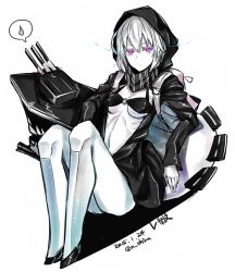 Rule 34 | 10s, 1girl, abyssal ship, dated, glowing, glowing eyes, hood, hoodie, kantai collection, looking at viewer, nabeshima tetsuhiro, navel, o-ring, o-ring top, pale skin, purple eyes, re-class battleship, scarf, short hair, silver hair, simple background, solo, spoken sweatdrop, sweatdrop, tail, twitter username, white background