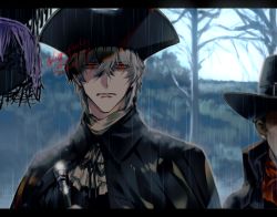 Rule 34 | 2boys, alternate hairstyle, antonio salieri (fate), ascot, bad id, bad pixiv id, black headwear, black jacket, collared shirt, dated, fate/grand order, fate (series), formal, hair between eyes, hat, headwear request, jacket, long sleeves, looking at viewer, male focus, multiple boys, neckwear request, pinstripe pattern, rain, red eyes, shirt, short hair, signature, solo focus, striped, suit, turtleneck, uehara (higanbachi), upper body, white ascot, white hair