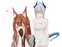 Rule 34 | 2girls, anger vein, animal ears, arknights, blush, breasts, brown hair, cleavage, dragon horns, dragon tail, closed eyes, fox ears, franka (arknights), heart, highres, horns, liskarm (arknights), multiple girls, naked towel, pantyhose, shaded face, silver hair, smelling, smelling clothes, tail, towel, vamjulian, white background, yuri