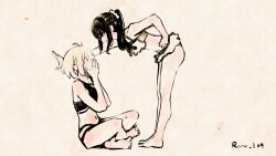 Rule 34 | 2girls, absurdres, barefoot, bikini, black bikini, black hair, blonde hair, breasts, commentary, covering own mouth, eye contact, hair ornament, hair scrunchie, hand on own hip, highres, inoue takina, kabedon, long hair, looking at another, lycoris recoil, medium breasts, multiple girls, navel, nishikigi chisato, one side up, parted lips, ponytail, purple eyes, red eyes, rnna, scrunchie, short hair, sidelocks, small breasts, stomach, swimsuit, white bikini, white scrunchie, yuri