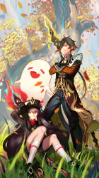 Rule 34 | 1boy, 1girl, absurdres, brown hair, chinese clothes, coat, flower, genshin impact, ghost, gradient hair, hat, highres, holding, holding clothes, holding hat, hu tao (genshin impact), long hair, looking at viewer, multicolored hair, plum blossoms, red eyes, staff of homa (genshin impact), symbol-shaped pupils, tall male, twintails, yellow eyes, zhongli (genshin impact)