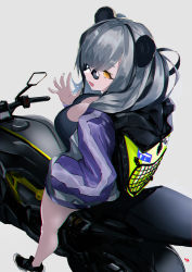 Rule 34 | 1girl, :d, alternate costume, animal ears, arknights, backpack, bag, bare legs, bear ears, black footwear, black hair, black shirt, breasts, cleavage, eyewear on head, feater (arknights), full body, highres, jacket, large breasts, long hair, long sleeves, looking to the side, motor vehicle, motorcycle, multicolored hair, open clothes, open jacket, open mouth, orange eyes, purple jacket, razu (rus), shirt, shoes, silver hair, simple background, smile, sneakers, solo, standing, twintails, two-tone hair, waving, white background