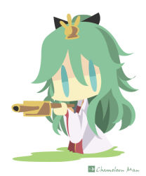 Rule 34 | 1girl, alternate costume, artist name, bad id, bad pixiv id, blue eyes, chameleon man (three), chibi, full body, green hair, hair between eyes, hair ornament, japanese clothes, kantai collection, long hair, no lineart, no mouth, simple background, solo, white background, yamakaze (kancolle)
