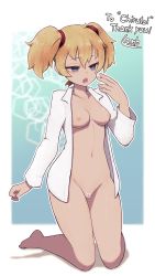 Rule 34 | 1girl, bar censor, blonde hair, blue background, blue eyes, border, breasts, bright pupils, censored, cleft of venus, commission, full body, half-closed eyes, highres, kneeling, lamb-oic029, long sleeves, medium breasts, naked shirt, navel, nipples, open clothes, open mouth, open shirt, original, pussy, shirt, signature, skeb commission, solo, thank you, twintails, white border, white pupils, white shirt, yawning