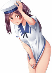 Rule 34 | 1girl, alternate costume, blush, bottomless, brown eyes, cosplay, covering crotch, covering privates, cowboy shot, dress, fingernails, hagikaze (kancolle), hat, hiburi (kancolle), hiburi (kancolle) (cosplay), highres, kamelie, kantai collection, long hair, one side up, open mouth, purple hair, sailor dress, sailor hat, simple background, solo, white background, white dress, white hat