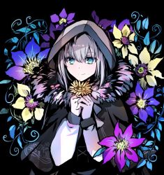 Rule 34 | 1girl, black capelet, capelet, closed mouth, fate/grand order, fate (series), flower, fur trim, gray (fate), grey hair, hair between eyes, hands up, holding, holding flower, hood, long sleeves, looking at viewer, medium hair, multicolored hair, rioka (southern blue sky), sidelocks, smile, solo, upper body