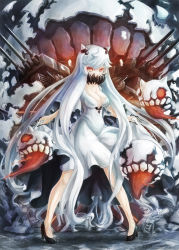 Rule 34 | 10s, 1girl, abyssal ship, apoidea, breasts, cleavage, dress, female focus, high heels, highres, horns, kantai collection, large breasts, long hair, midway princess, no socks, pigeon-toed, red eyes, solo, turret, white dress, white hair