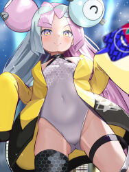 Rule 34 | 1girl, blush, bow-shaped hair, breasts, character hair ornament, covered navel, creatures (company), game freak, gen 4 pokemon, hair ornament, hexagon print, highres, iono (pokemon), jacket, leotard, long hair, looking at viewer, low-tied long hair, multicolored hair, nintendo, oversized clothes, panda sasasa, pink hair, pokemon, pokemon sv, rotom, rotom phone, sleeves past fingers, sleeves past wrists, small breasts, smile, solo, split-color hair, two-tone hair, very long sleeves, yellow jacket