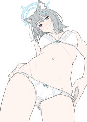 Rule 34 | 1girl, animal ear fluff, animal ears, blue archive, blue eyes, blush, bra, breasts, closed mouth, commentary, cowboy shot, cross hair ornament, from below, grey hair, hair ornament, halo, highres, looking at viewer, looking down, masabodo, medium breasts, mismatched pupils, navel, panties, panty pull, pulled by self, shiroko (blue archive), simple background, solo, stomach, symbol-only commentary, underwear, underwear only, white background, white bra, white panties, wolf ears
