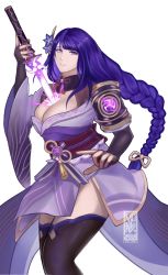 Rule 34 | 1girl, armor, artist name, between breasts, breasts, bridal gauntlets, detached sleeves, electricity, energy sword, english text, flower, genshin impact, hair ornament, highres, japanese clothes, katana, kimono, large breasts, long hair, long sleeves, matching hair/eyes, medinki, purple eyes, purple hair, raiden shogun, ribbon, sash, shoulder armor, simple background, solo, sword, tassel, thighhighs, thighs, weapon, white background, wide sleeves