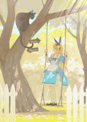 Rule 34 | 1girl, alice (alice in wonderland), alice in wonderland, black footwear, black hairband, blonde hair, blue dress, blue eyes, blue hairband, blue ribbon, cat, cheshire cat (alice in wonderland), commentary, dappled sunlight, day, dress, english commentary, fence, frilled dress, frills, full body, grass, hair between eyes, hairband, hands up, highres, kneehighs, loafers, long hair, looking at animal, outdoors, pinafore dress, puffy short sleeves, puffy sleeves, ribbon, shoes, short sleeves, sleeveless dress, socks, standing, standing on swing, sunlight, swing, tree, wakuseiy, white socks, wrist cuffs