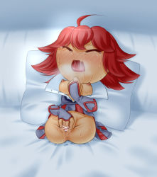 Rule 34 | 1girl, ahoge, amputee, anus, bed, blue eyes, blush, breasts, censored, dark skin, disembodied limb, dress, closed eyes, facial mark, female focus, fingering, flamberge (kirby), heavy breathing, highres, implied yuri, kirby: star allies, kirby (series), kuromura gin, lying, masturbation, nintendo, nipples, no humans, open clothes, open mouth, open shirt, orgasm, pillow, pleated dress, pointless censoring, pussy, pussy juice, red hair, saliva, short hair, simple background, small breasts, solo, steam, sweat, tears, textless version, tongue, uniform, wavy mouth, white background, wrist cuffs