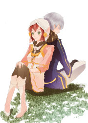 Rule 34 | 1boy, 1girl, absurdres, akagami no shirayukihime, back-to-back, boots, couple, highres, hood, prince, red hair, scarf, shirayuki (akagami no shirayukihime), shoes, silver hair, sitting, white footwear, zen wistalia