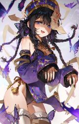 Rule 34 | 1girl, absurdres, bare shoulders, black hair, blue eyes, blush, braid, breasts, bug, butterfly, cowboy shot, detached sleeves, dress, fang, fingernails, gold trim, hair ornament, hat, highleg, highleg leotard, highres, insect, jiangshi, jiangshi costume, leotard, leotard under clothes, long fingernails, long hair, long sleeves, looking at viewer, medium breasts, mole, mole under eye, multiple braids, nail polish, ofuda, open mouth, original, outstretched arms, pelvic curtain, purple dress, purple eyes, purple hair, qingdai guanmao, short dress, sleeveless, sleeveless dress, smile, solo, thighhighs, thighs, white thighhighs, ye jji, zombie pose