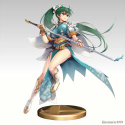 Rule 34 | 1girl, bad id, bad twitter id, breasts, commentary request, fire emblem, fire emblem: the blazing blade, fire emblem heroes, full body, gonzarez, gradient background, green eyes, green hair, highres, holding, holding sword, holding weapon, long hair, lyn (fire emblem), medium breasts, nintendo, official alternate costume, ponytail, simple background, solo, sword, thighs, weapon