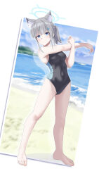 Rule 34 | 1girl, absurdres, animal ear fluff, animal ears, barefoot, beach, black one-piece swimsuit, blue archive, blue eyes, blue halo, blue sky, blush, breasts, cloud, commentary request, competition swimsuit, cosmos (rea1ityc0sm0s), covered navel, cross hair ornament, extra ears, grey hair, hair ornament, halo, highleg, highleg swimsuit, highres, horizon, long legs, looking at viewer, low ponytail, medium breasts, medium hair, mismatched pupils, multicolored clothes, multicolored swimsuit, ocean, official alternate costume, one-piece swimsuit, photo (object), shiroko (blue archive), shiroko (swimsuit) (blue archive), sky, solo, stretching, swimsuit, wolf ears
