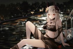 Rule 34 | 1girl, absurdres, arknights, bare legs, bare shoulders, bikini, black bikini, black choker, breasts, chinese commentary, choker, commentary request, flower, hair flower, hair ornament, highres, horns, jewelry, knee up, large breasts, long hair, looking at viewer, material growth, mudrock (arknights), mudrock (silent night) (arknights), navel, necklace, oripathy lesion (arknights), pointy ears, red eyes, shawl, silver hair, sitting, solo, stomach, swimsuit, thighs, tutututu