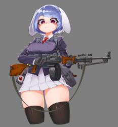 Rule 34 | 1girl, :/, absurdres, animal ears, assault rifle, bad id, bad pixiv id, black gloves, black thighhighs, blue hair, breasts, bright pupils, contrapposto, cropped legs, drum magazine, floppy ears, gloves, gluteal fold, grey background, grey skirt, gun, highres, holding, holding gun, holding weapon, large breasts, long sleeves, looking at viewer, magazine (weapon), miniskirt, necktie, pleated skirt, purple eyes, rabbit ears, red necktie, reisen, reisen (touhou bougetsushou), rifle, simple background, skirt, solo, sweat, swept bangs, thighhighs, thighs, touhou, virtus, weapon, white pupils, wing collar, zettai ryouiki