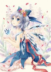 Rule 34 | 1girl, adapted costume, bad id, bad pixiv id, bare back, bare shoulders, barefoot, blue dress, blue eyes, blue hair, bow, cirno, dress, floral background, flower, hair bow, heart, holding, ice, ice wings, matching hair/eyes, nunucco, open mouth, petals, short hair, sitting, solo, touhou, wariza, wings