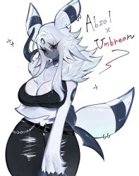 Rule 34 | 1girl, absol, arm under breasts, belt, black pants, black sclera, blush, breasts, chain, choker, claws, cleavage, colored sclera, creatures (company), crop top, fur collar, furry, furry female, game freak, gen 2 pokemon, gen 3 pokemon, highres, horns, large breasts, looking to the side, medium hair, messy hair, midriff, nintendo, pants, piercing, pokemon, pokemon (creature), red eyes, scar, scar across eye, single horn, tail, thick thighs, thighs, togetoge, umbreon, white fur, white hair, wide hips