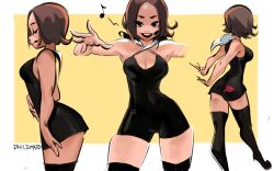 Rule 34 | 1girl, absurdres, alizee, black dress, black footwear, breasts, cleavage, commentary, dress, english commentary, hand on own stomach, headset, high heels, highres, looking at viewer, medium breasts, multiple views, musical note, open hand, open mouth, philtomato, real life, short hair, smile, thighhighs, twitter username