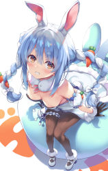 Rule 34 | 1girl, animal ear fluff, animal ears, arm support, black gloves, blue hair, blush, bow, braid, breasts, bridal garter, carrot hair ornament, cleavage, commentary request, food-themed hair ornament, full body, fur collar, fur trim, gloves, hair bow, hair ornament, highres, hololive, long hair, looking at viewer, looking up, multicolored hair, pantyhose, parted lips, puffy short sleeves, puffy sleeves, rabbit girl, rabbit tail, shadow, shiny clothes, shoes, short sleeves, simple background, sitting, small breasts, smile, solo, strapless, tail, thigh strap, tomose shunsaku, twin braids, twintails, two-tone hair, usada pekora, usada pekora (1st costume), virtual youtuber, white hair
